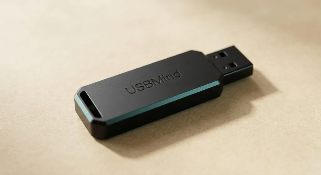 A matte black USB flash drive branded USBMind on a beige surface